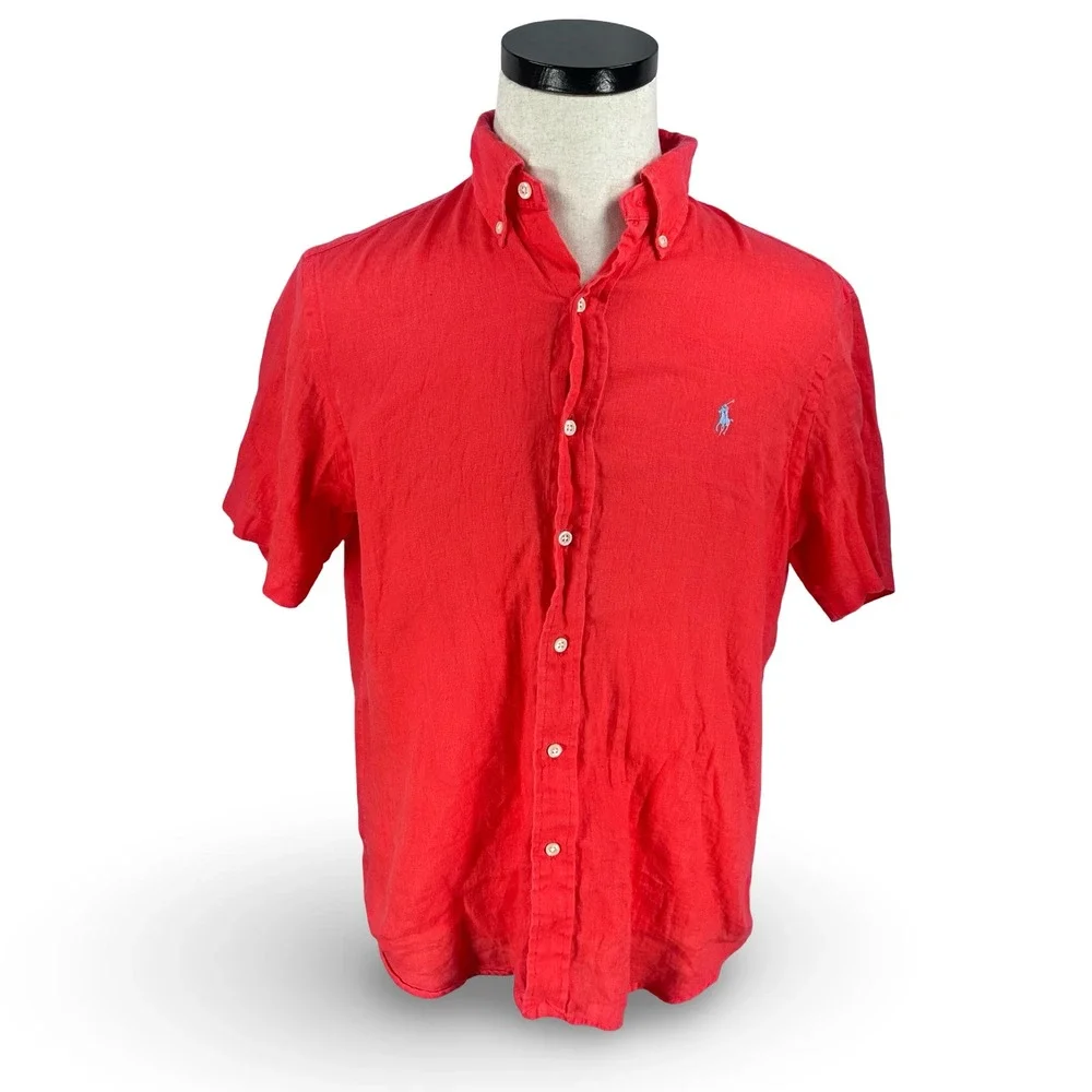 Polo Ralph Lauren Mens Classic 100% Linen Shirt Pinkish Red Short Sleeve Medium